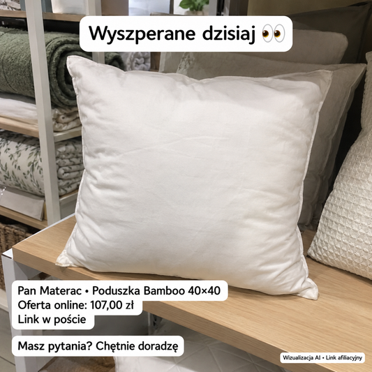 Poduszka Bamboo 40×40 cm — Pan Materac; wizualizacja AI, link afiliacyjny