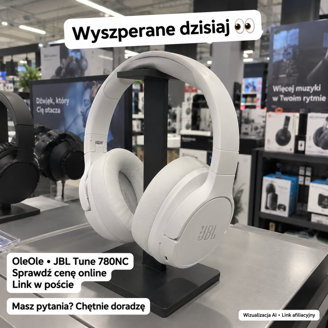 Białe słuchawki JBL Tune 780NC — OleOle; wizualizacja AI, link afiliacyjny
