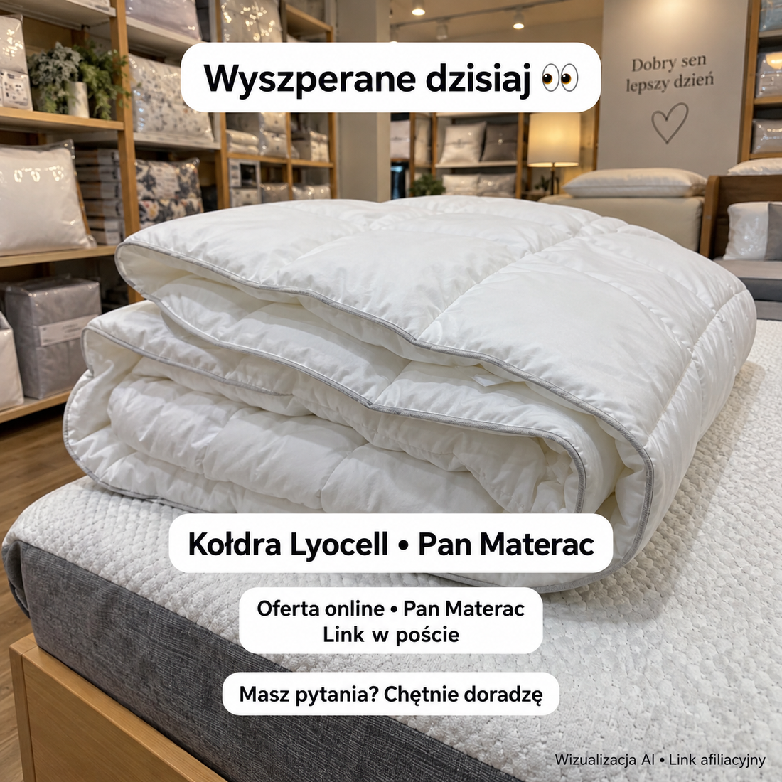 Kołdra Lyocell — Pan Materac; wizualizacja AI, link afiliacyjny