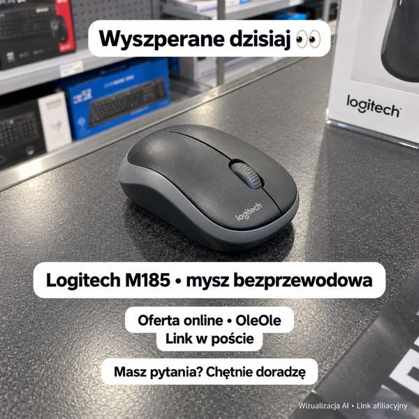 Mysz bezprzewodowa Logitech M185 — OleOle; wizualizacja AI, link afiliacyjny