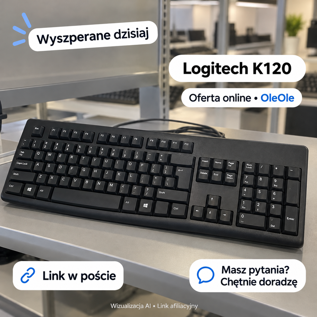 Logitech K120 — OleOle. Wizualizacja AI • Link afiliacyjny.