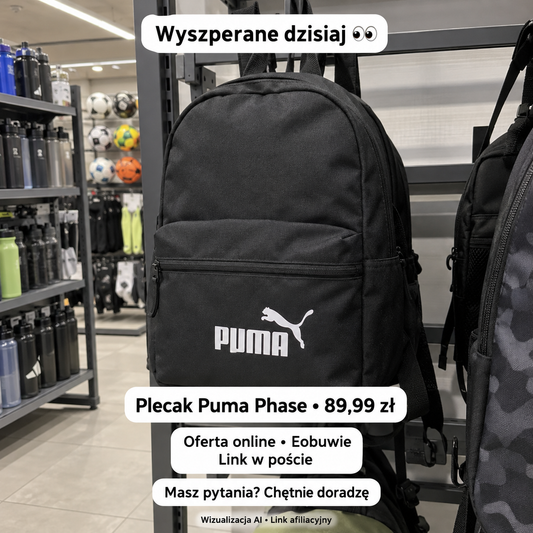 Czarny plecak Puma Phase — Eobuwie; wizualizacja AI, link afiliacyjny