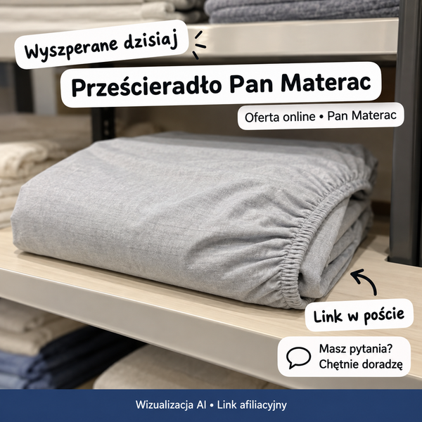Prześcieradło Pan Materac — Pan Materac. Wizualizacja AI • Link afiliacyjny.