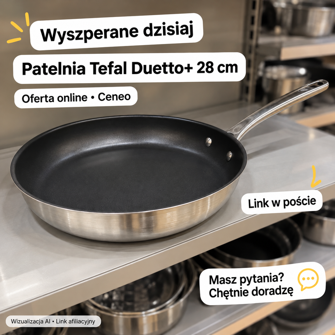 Patelnia Tefal Duetto+ 28 cm — Ceneo. Wizualizacja AI • Link afiliacyjny.