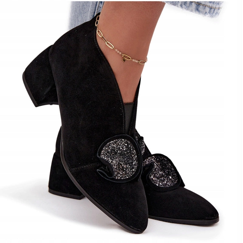 Botki Damskie Zamszowe Z Ozdobą Obcas D&a MR52-182 Czarne 38