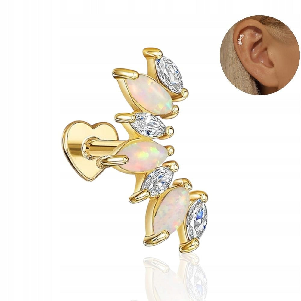 Piercing kolczyk Srebro 925 Labret złoty z opalem i cyrkonią Helix 1,2/8