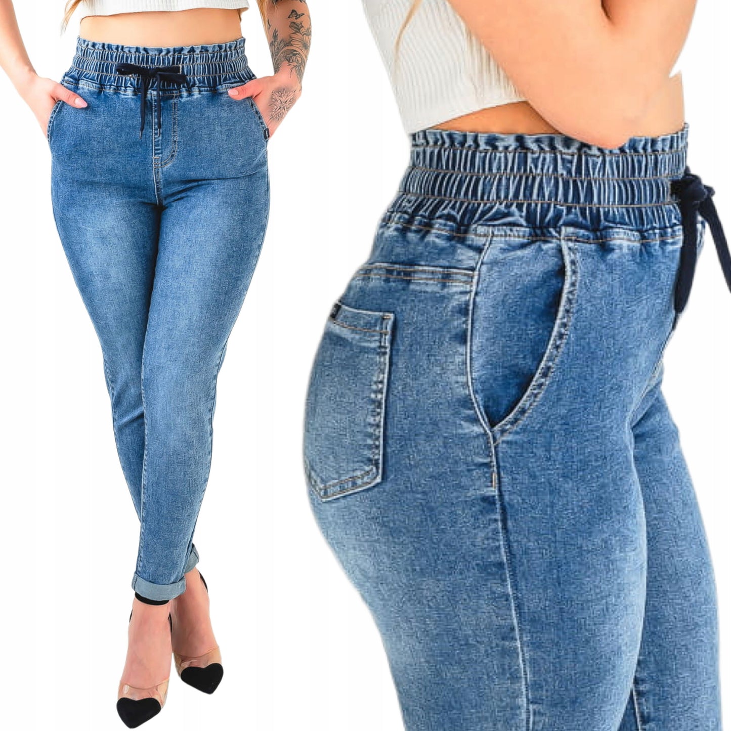 Jeansowe spodnie damskie joggery z gumą w pasie podwijana nogawka S