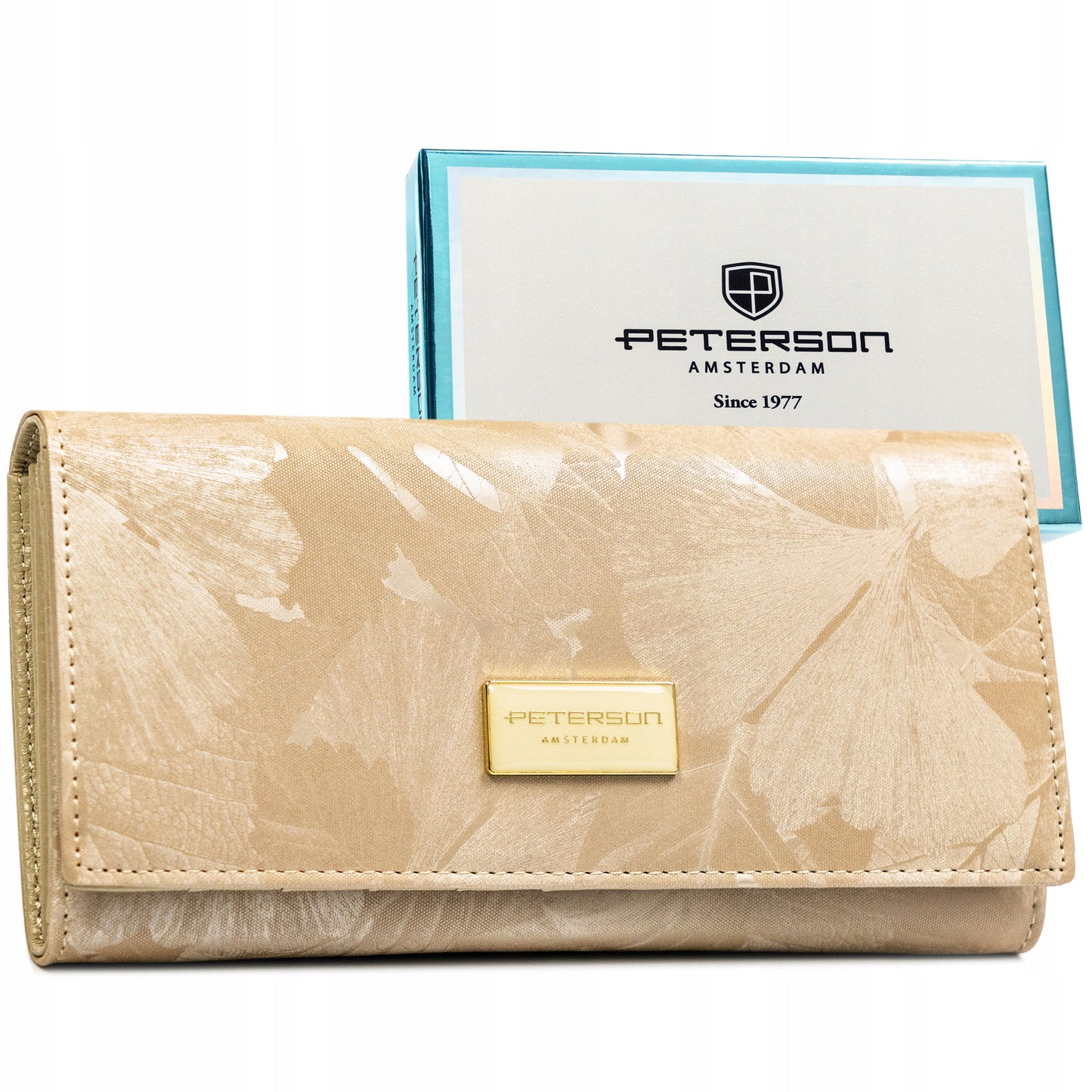 Portfel damski skórzany beżowy Peterson Rfid Stop duży w kwiaty